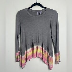 NEW Good Luck Girls Size XL Long Sleeve Grey Tie Dye Waterfall Peplum Ribbed Top